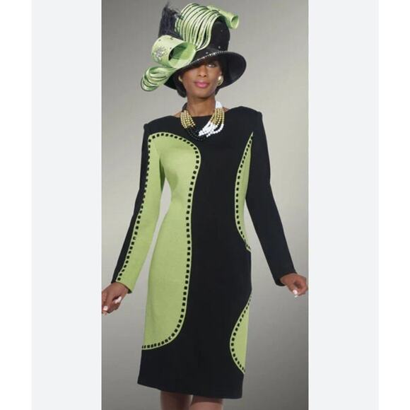 Donna Vinci Knits Vintage Church Dress Green Black Beaded Size 6 Modest Wool - Picture 1 of 12